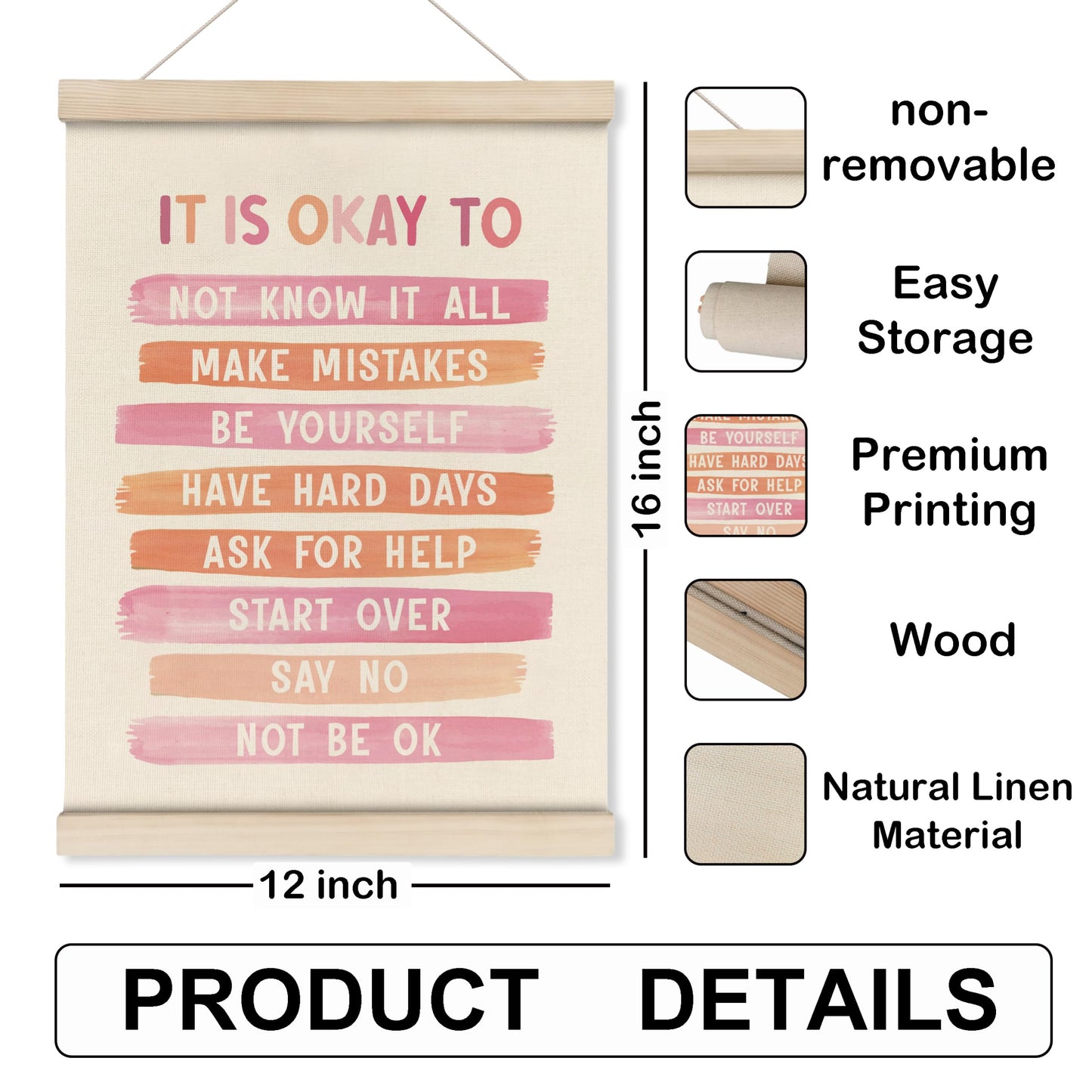 HRQKO It is Okay Pink Boho Poster Hanger Frame, Pink wall decor, Inspirational Posters Wall Art with Wooden Frames, Mental Health Wall Hanging Banner for Therapy Office Girls Room Nursery, 12x16 Inch