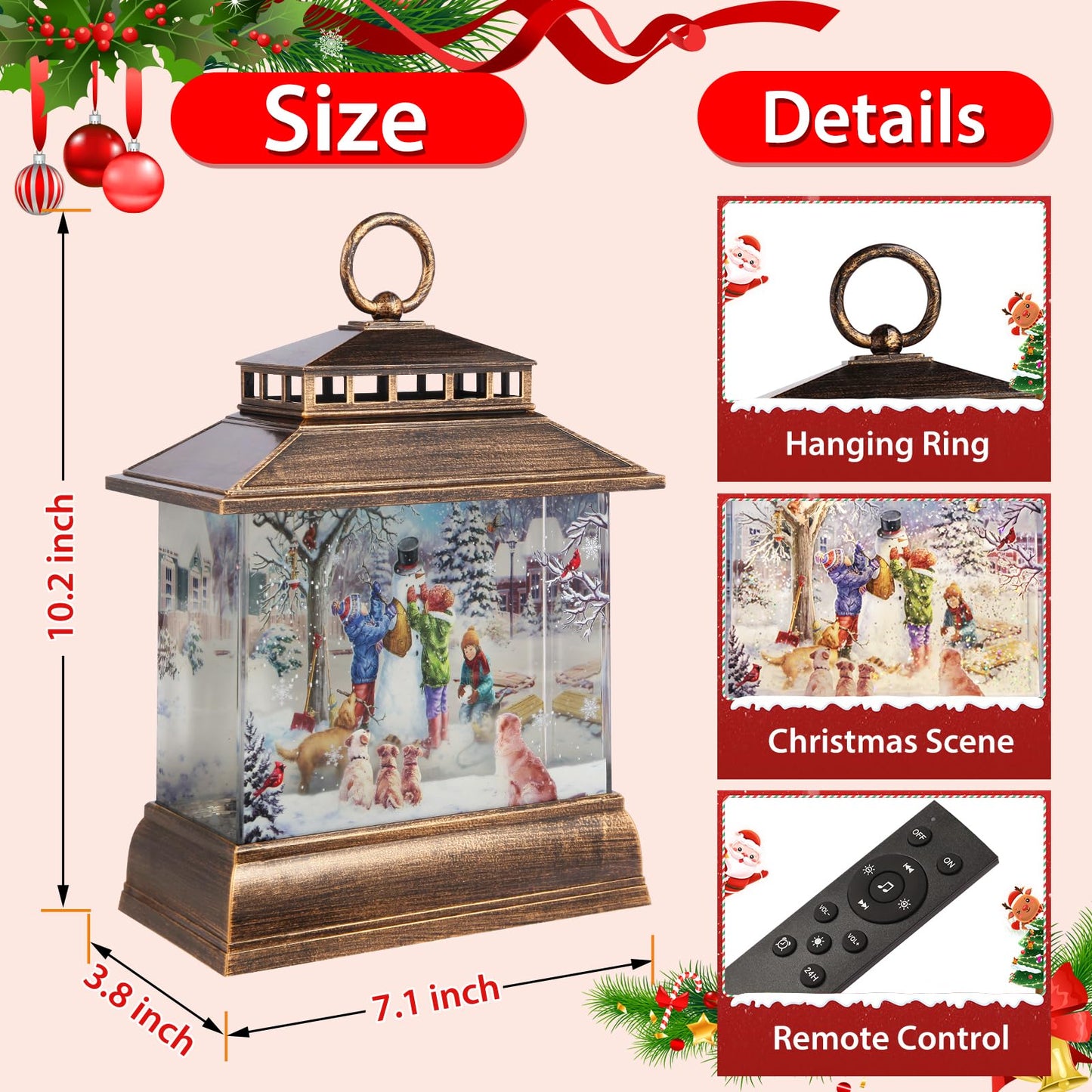 Christmas Snow Globe Lantern Water Glittering Lantern with 8 Songs & 6H Timer Romote Control Christmas Snow Globes USB & Battery Operated for Holiday Festival Decorations Gifts (Snowman and Children)
