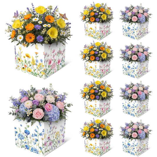 Gilprop 10 Pcs Wildflower Table Centerpieces 7 Inch Colorful Baby in Blossom Baby Shower Flower Boxes Table Display Cube Planter Plaid Blocks for Spring Wedding Birthday Tea Party Decoration