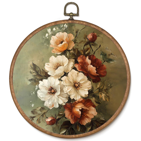 uniro Vintage Floral Framed Wall Art, Farmhouse Botanical Flower Round Wall Hanging Decor, Rustic Antique Cottagecore Art Prints Room Decor Bedroom Living Room Bathroom, 10x10 Inch