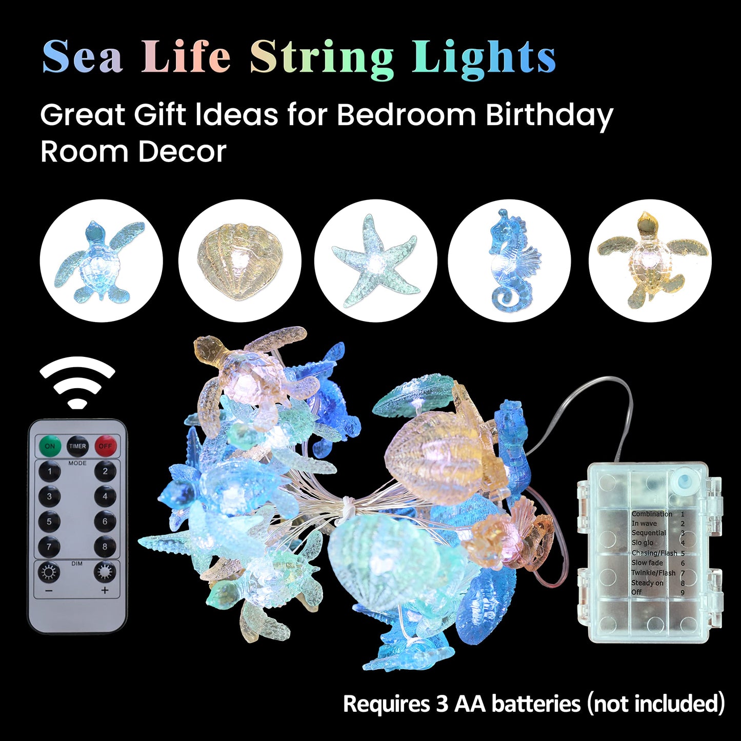 Belniak Nautical Theme Ocean Décor Beach Decorative String Lights Outdoor Seahorse Sea Turtle Starfish Shell Cute Marine Life Novelty Night Lights 30LED 10ft Battery Operated