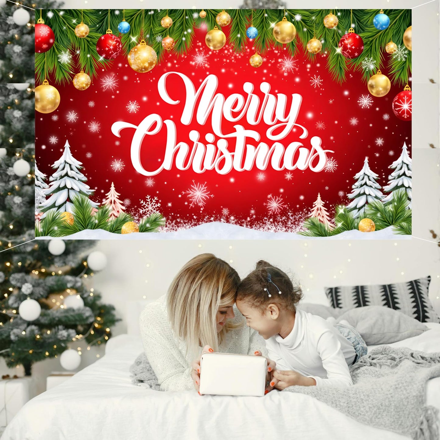 Merry Christmas Banner 71 x 43 Inch Decoration – Large Red Christmas Photography Background Backdrop for Indoor Outdoor Xmas Party Decorations, Fireplace, Wall, and Photo Booth
