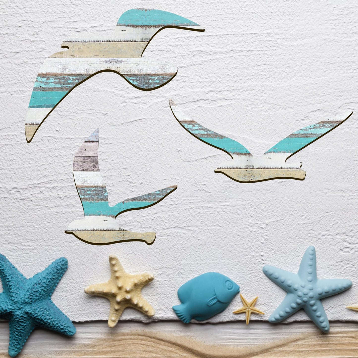 HINGTAI 3Pcs Wood Seagull Beach Wall Art, Nautical Self-adhesive Seagull Decorations, Coastal Themed Decors for Home Bedroom Living Room