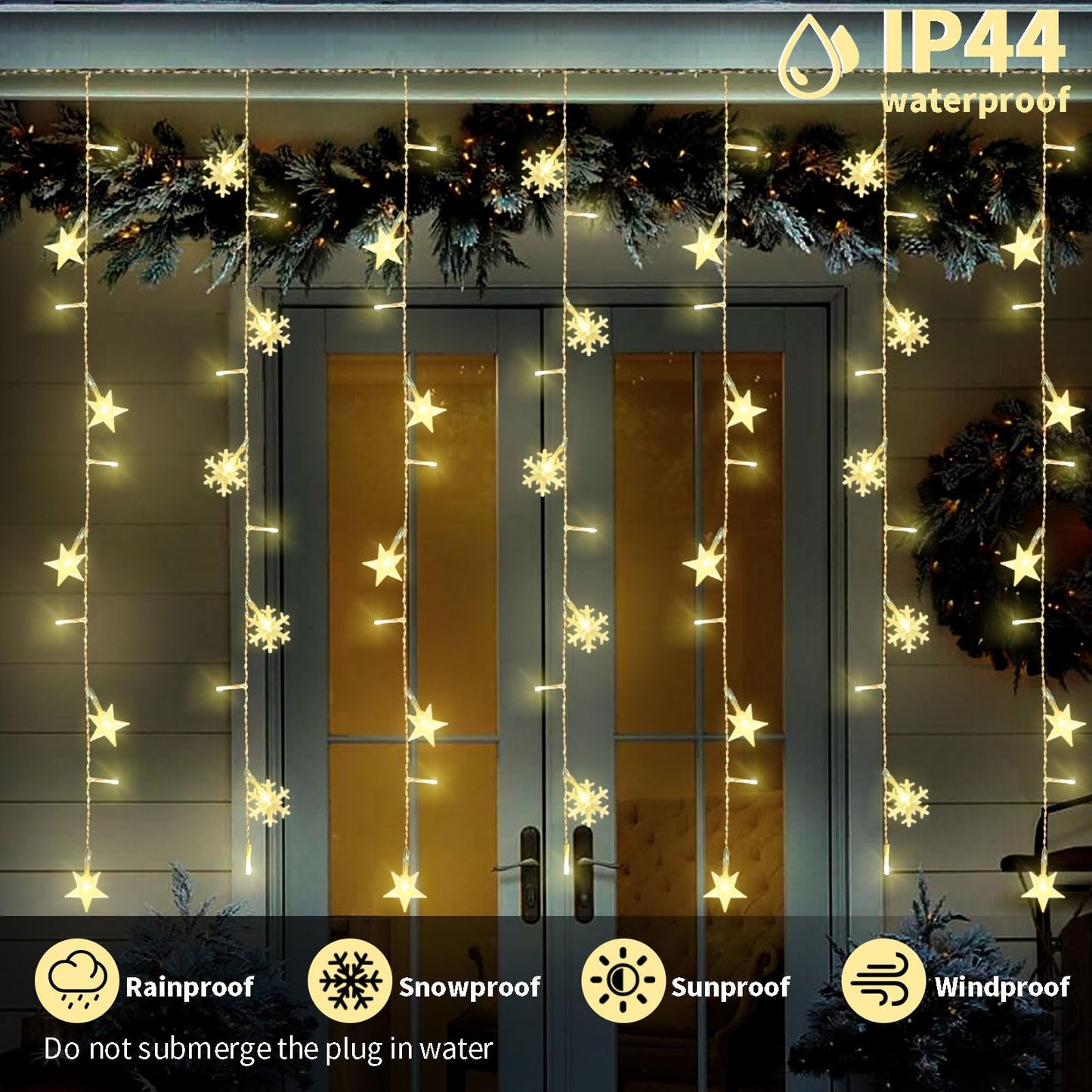 Newhale 8 Modes Christmas Curtain String Lights with Snowflake and Star, USB Plug in Wall Lights Christmas Decorations Indoor, Xmas Window Light Decor, Warm White