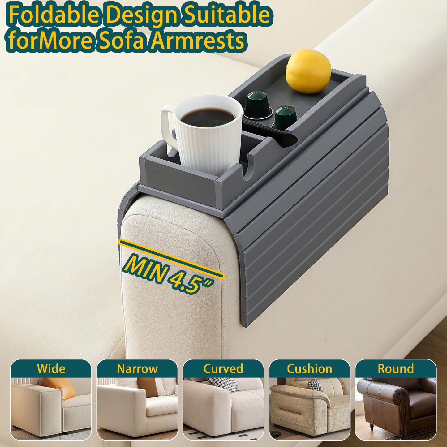 HNLISA Bamboo Couch Cup Holder Arm Tray，Foldable Couch Drink Holder Armrest Table，Sofa Arm Rest Tray，Flexible Arm Chair Table Recliners for Drink,Cups, Snacks, Phone, Remote (Grey)