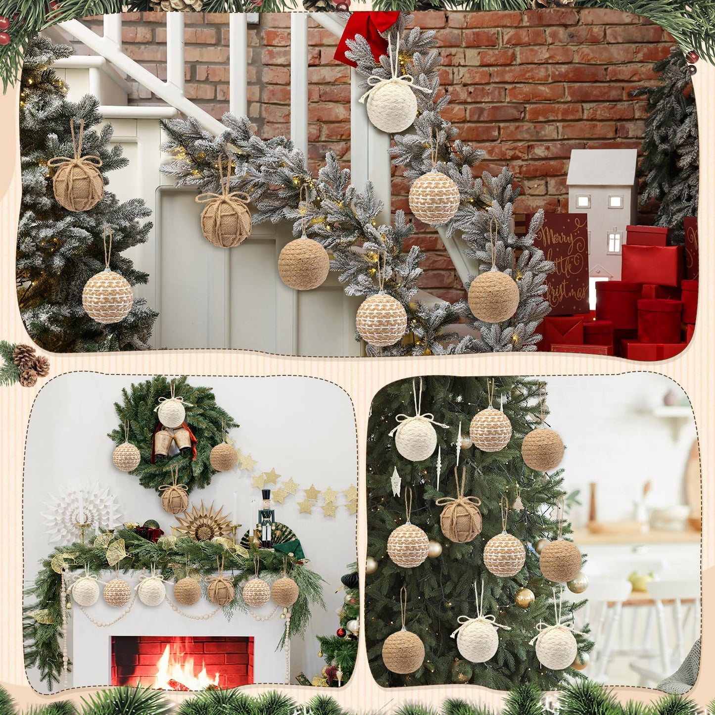 Leyndo 16 Pcs 3.15 Inch Burlap Christmas Ball Ornaments Rustic Farmhouse Christmas Tree Ornaments Neutral Jute Rope Hanging Balls Decorations Boho for Xmas Party Holiday Decor(Rustic Style)