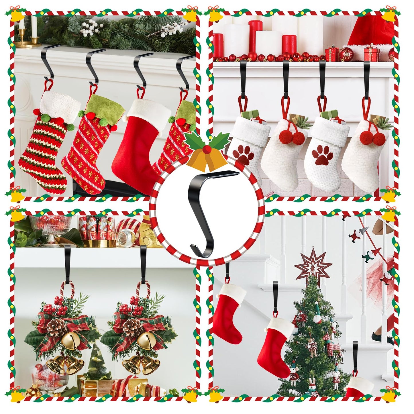 Christmas Stocking Holders for Mantle Set 4, Non-Slip & Scratch-Free Stocking Holder for Fireplace Christmas Decorations, Upgrade Lightweight Mantle Stockings Hangers Hooks for Xmas Decor (Black)