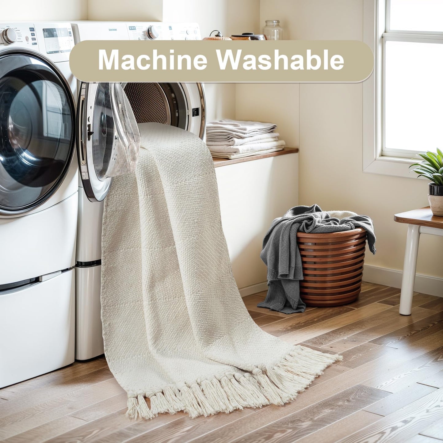 Collive Small Bathroom Rug, 2' x 3' Hand-Woven Low Profile Front Entryway Rug, White/Beige Cotton Reversible Washable Kitchen Mat Modern Farmhouse Carpet for Foyer Bedroom Back Door Decor