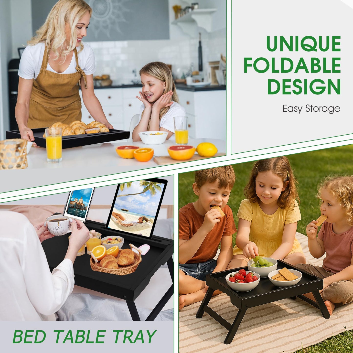 Asuthzon Bed Tray Table with Foldable Legs, Breakfast Trays for Eating on Couch with Media Slot in Bed, Eating, TV Tray, Kitchen Serving Tray(Black, Medium)