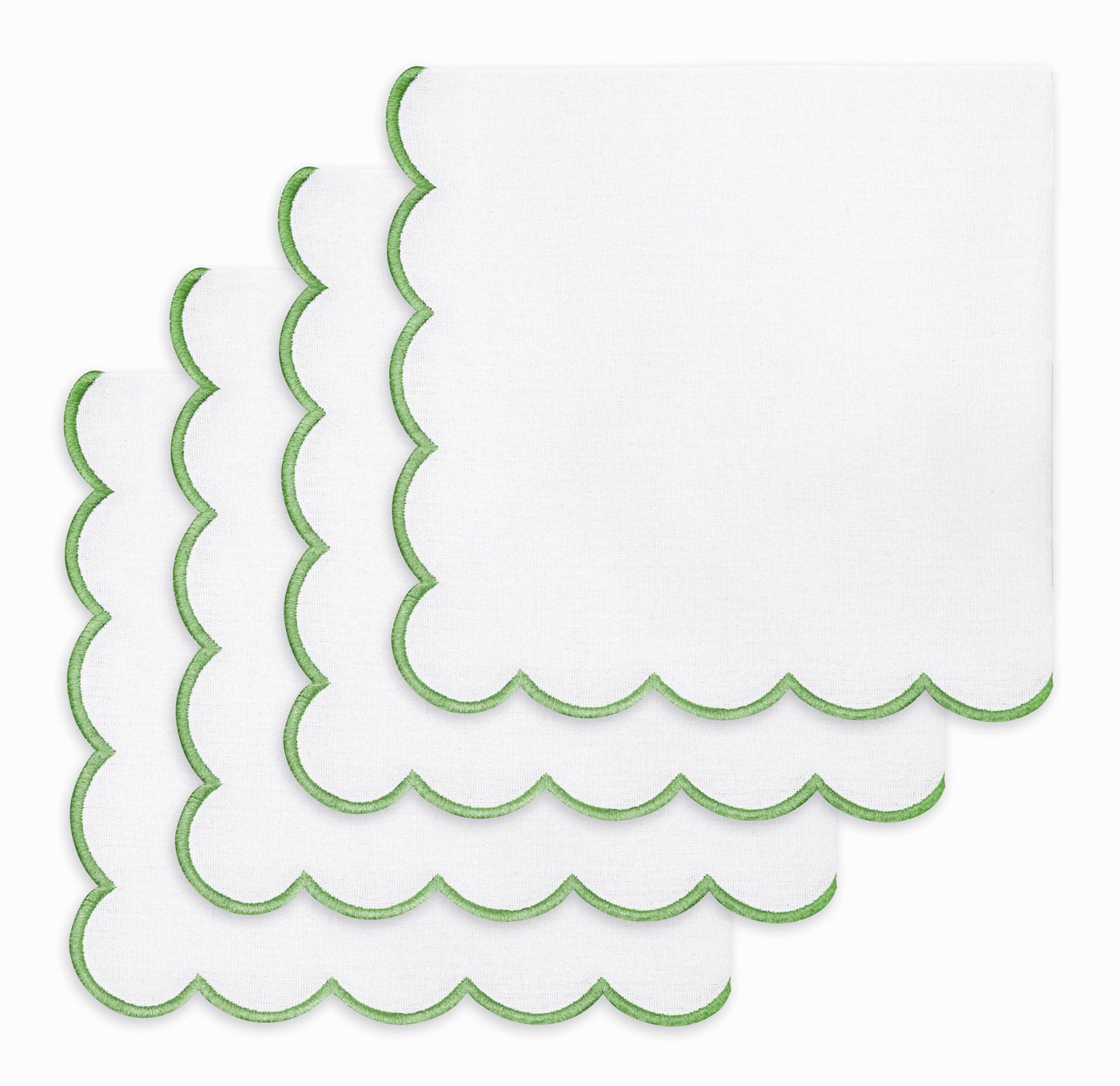 PurpleEssences Scalloped Embroidery Cloth Napkins - Spring Easter Summer - Table Decor - 100% Cotton - Set of 4-18x18 inch - White - Edges - Sage Green