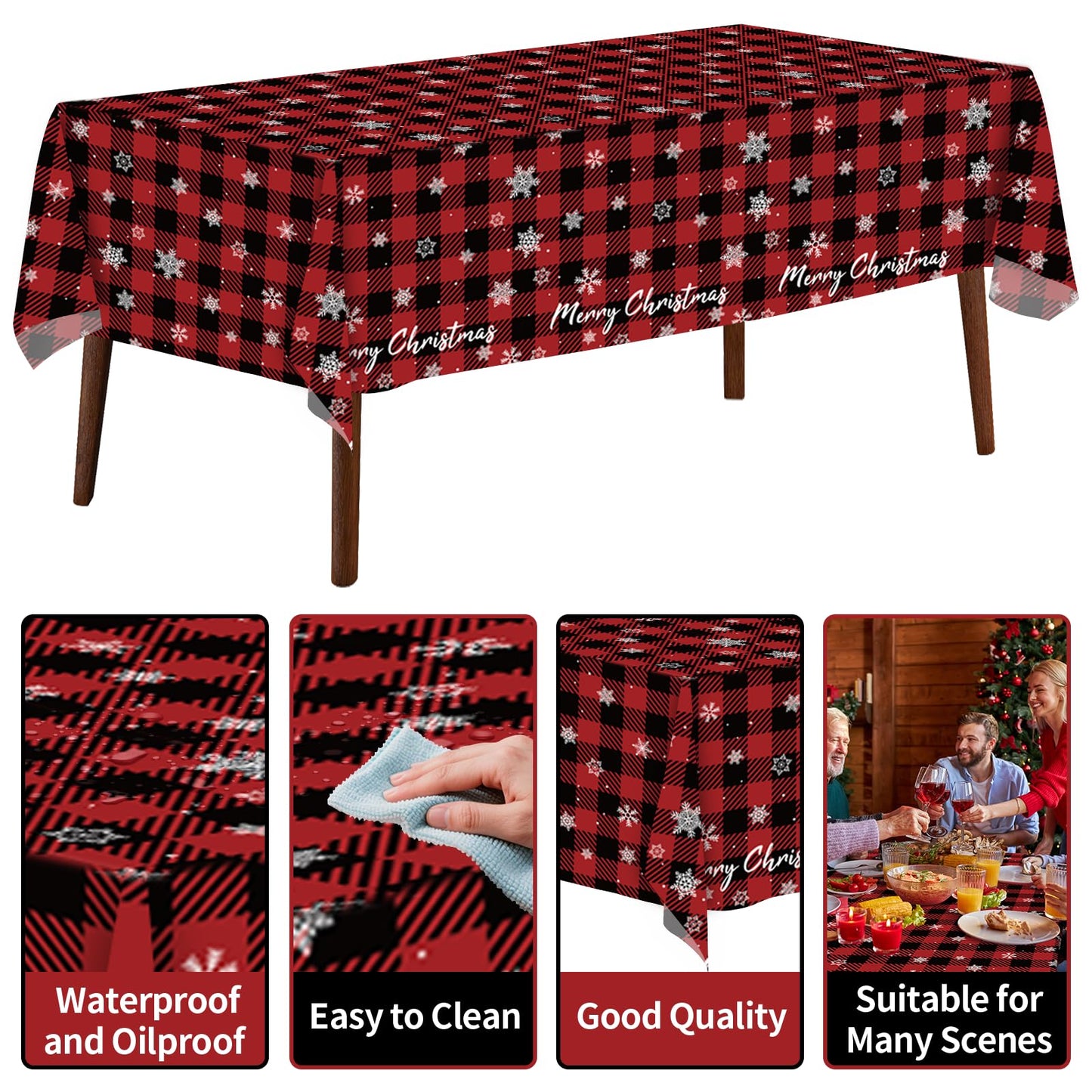 JHDZDHY 4 Pack Christmas Snowflake Tablecloth Disposable Plastic Tablecloth Table Cover for Christmas Party Decoration Supplies 54 x 108 Inches (Red Checkered Snowflake)