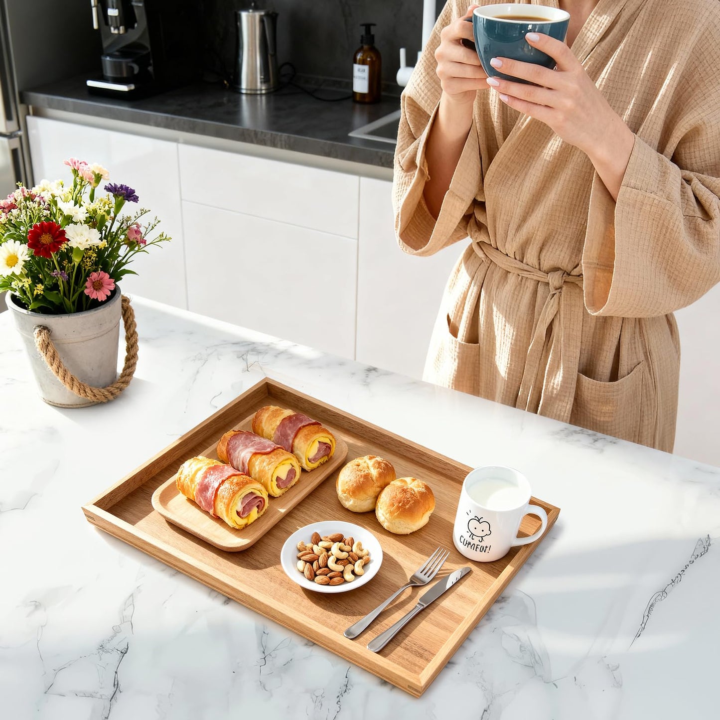 SimpleArt Acacia Wood Serving Tray: Rectangular Wooden Tray for Coffee Table,Large Serving Trays Platter for Breakfast in Bed, Dinner,Tray for Living Room Bedroom Entryway and Kitchen