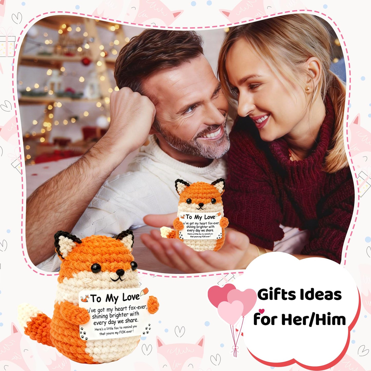 Handmade Crochet Fox - Romantic Emotional Support Gift for Husband, Wife, Boyfriend, Girlfriend - Anniversary, Valentine's Day, Xmas, Birthday Present for Him or Her - Cute Knitted Décor Keepsake