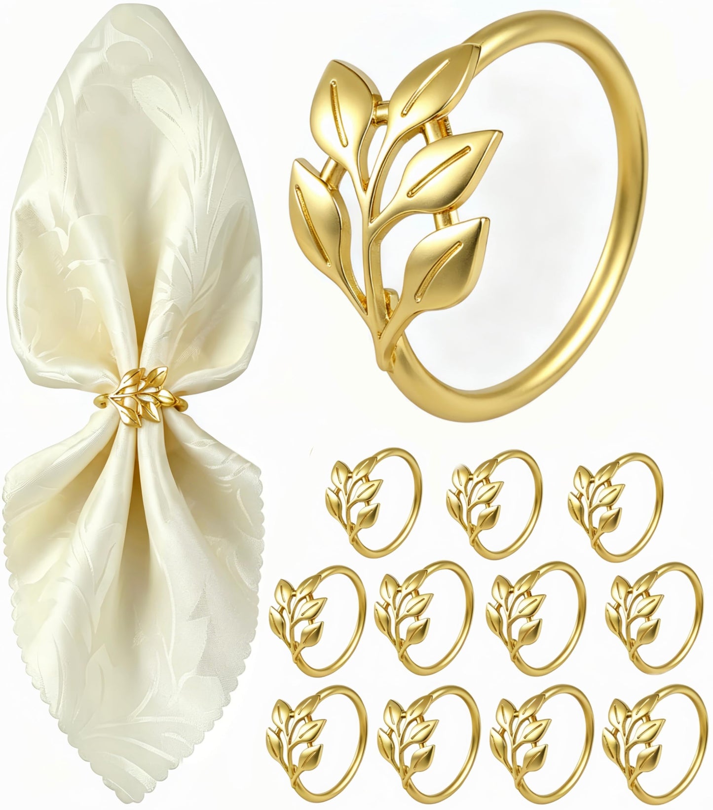 MONKKINO Napkin Rings Set of 12, Shiny Gold Napkin Rings, Smooth, Easy Care, Solid Zinc Alloy Leaf Shaped Elegant Table Decor, Stylish Napkin Ring Bulk for Holidays Wedding, Party, New Homes Gift