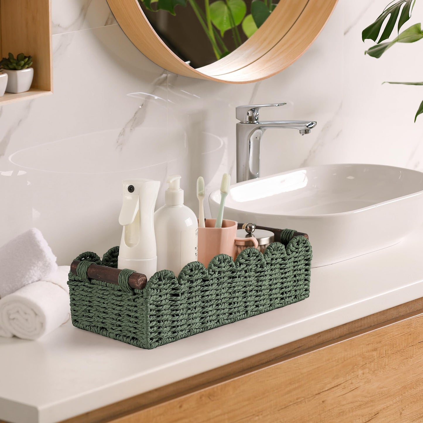 Toilet Paper Storage Basket Bathroom Counter Organizer Wicker Baskets for Organizing Cute Basket for Apartment Bedroom Nursery Room Kitchen Bathroom Decor-Green