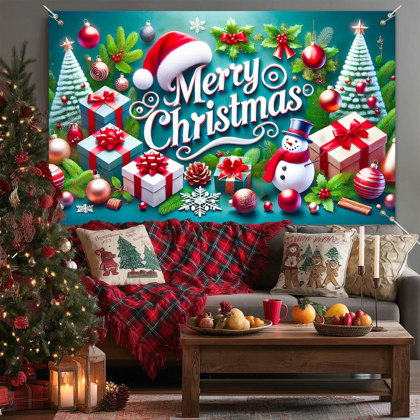 BlissYard Christmas Banner Merry Christmas Snowman Gift Tree Backdrop Green Red White Holiday Wall Decoration Party Photo Prop Indoor Outdoor Scene for Home Office 71 X 43 Inches