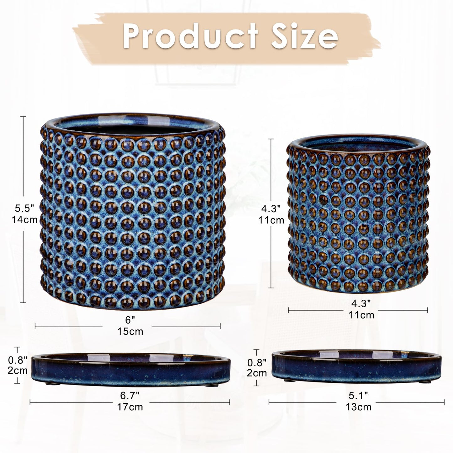 DILATATA Set of 2 Ceramic Planter Pots with Drainage Hole and Saucer, Round Flower Pot Hobnail Modern Planter Pots for Indoor & Outdoor Plants - 4 Inch & 6 Inch, Blue