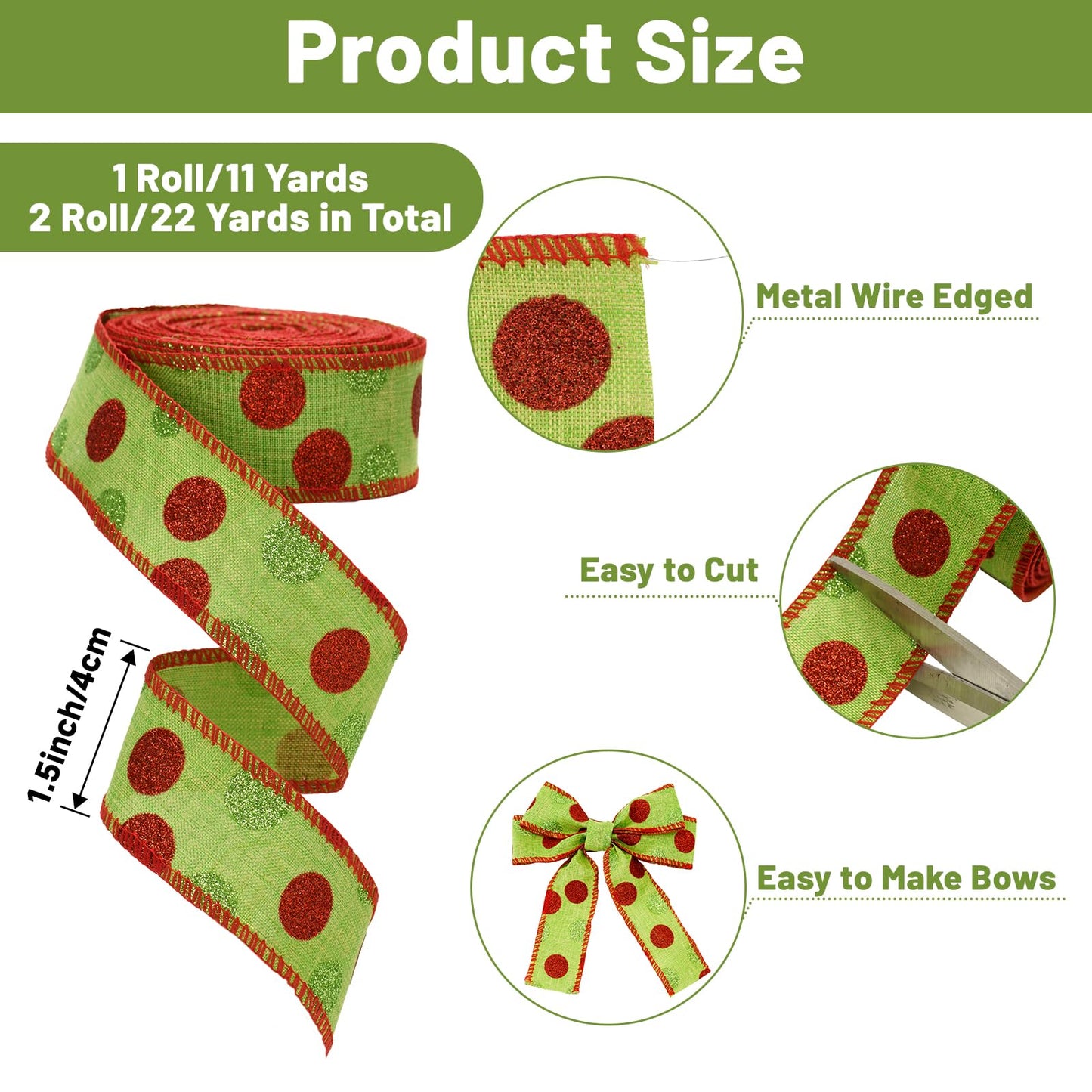 Christmas Wired Ribbon 22 Yards 1.5 Inch Christmas Red Green Dots Ribbon 2 Rolls Glitter Polka Dots Burlap Ribbon for Christmas Decoration, DIY Crafts (Green)