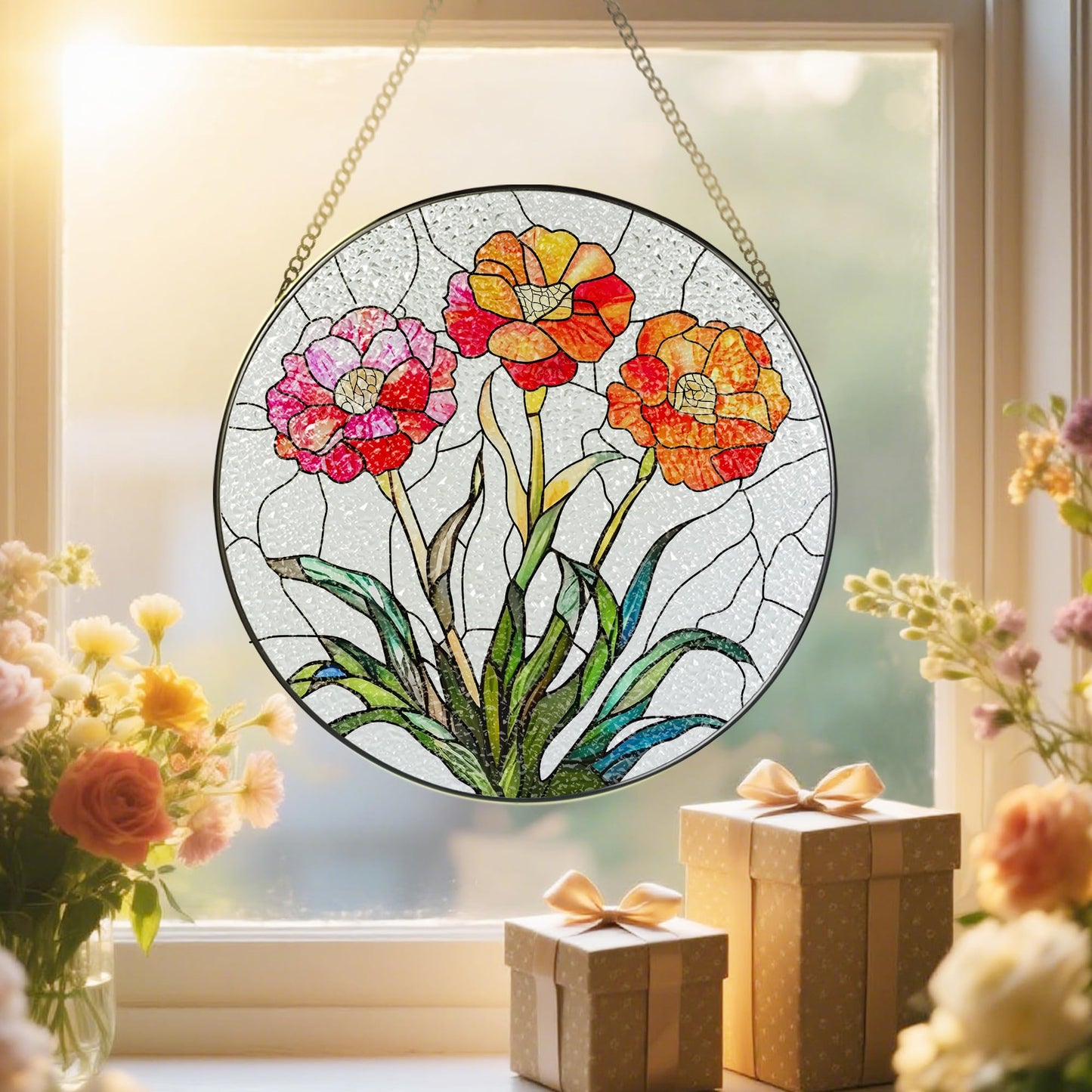 Stained Glass Window Hanging, 8 Inch Birth Flower Glass Suncatcher Ornament, Suncatchers for Windows, Window Decoration and Christmas, Mother's Day, Birthday, Gift for Women, Birth Flower Gifts - Jan