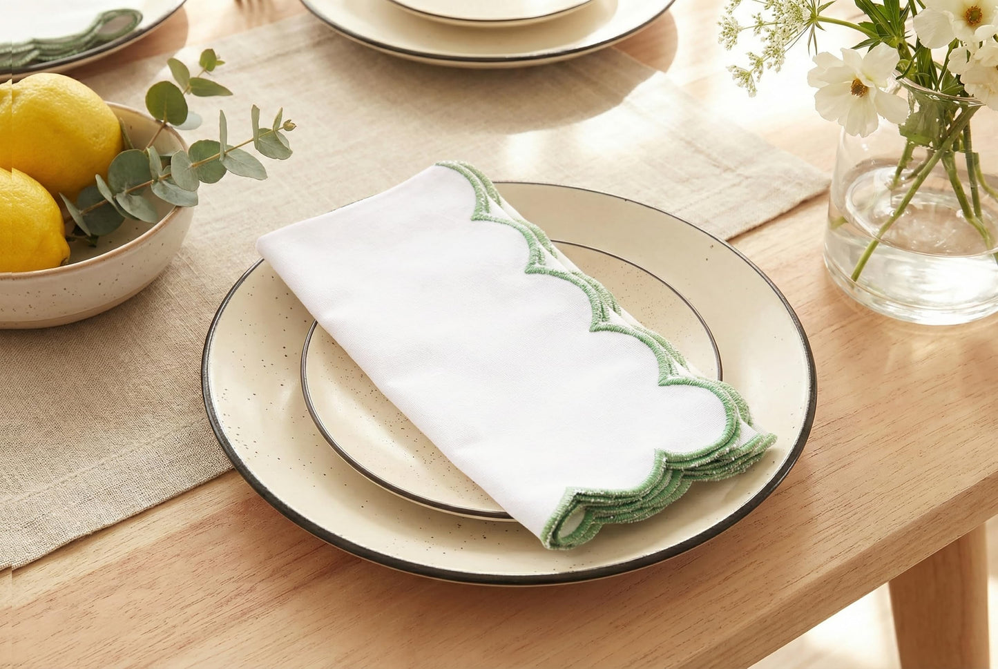 PurpleEssences Scalloped Embroidery Cloth Napkins - Spring Easter Summer - Table Decor - 100% Cotton - Set of 4-18x18 inch - White - Edges - Sage Green