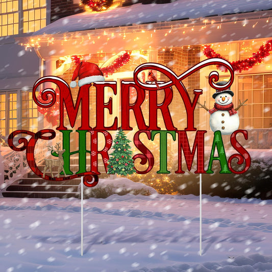 Memorywuu Metal Christmas Decoration Merry Christmas Yard Sign Stake 14.2 Inch Xmas Tree Snowman Santa Hat Outdoor Yard Decor for Xmas Outside Holiday Lawn Decorations Garden Patio Walkway