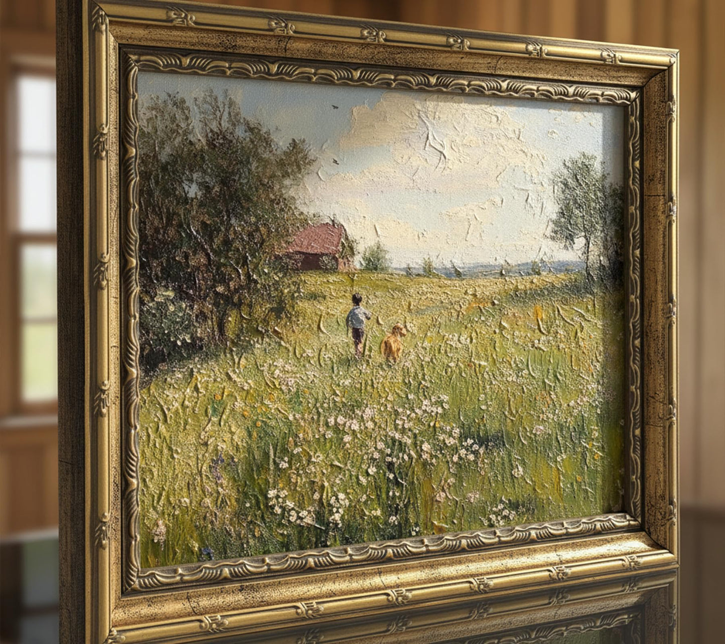 Gold Framed Vintage Country Canvas Wall Art 3D Textures Boy and Dog Running in Flower Field Painting Picture Farmhouse Landscape Wildflower Print Wall Decor for Bedroom Living Room Decoration 9x11in