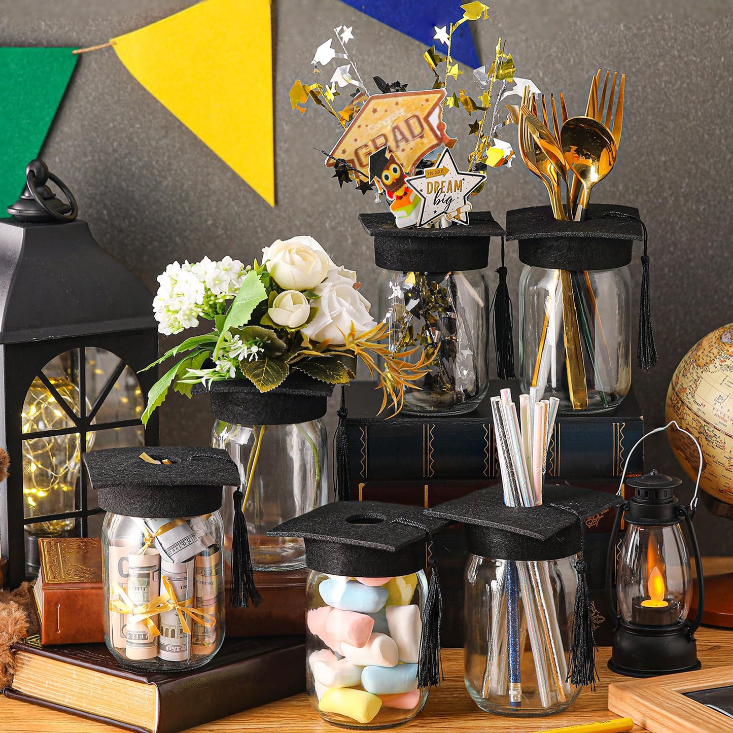 Qinyoung 6 Pcs 2026 Graduation Table Decoration Centerpiece Class of 2026 Graduation Decoration for Table Mason Jar with Grad Cap for Centerpiece Flower College High School Congrat Grad Party (Black)