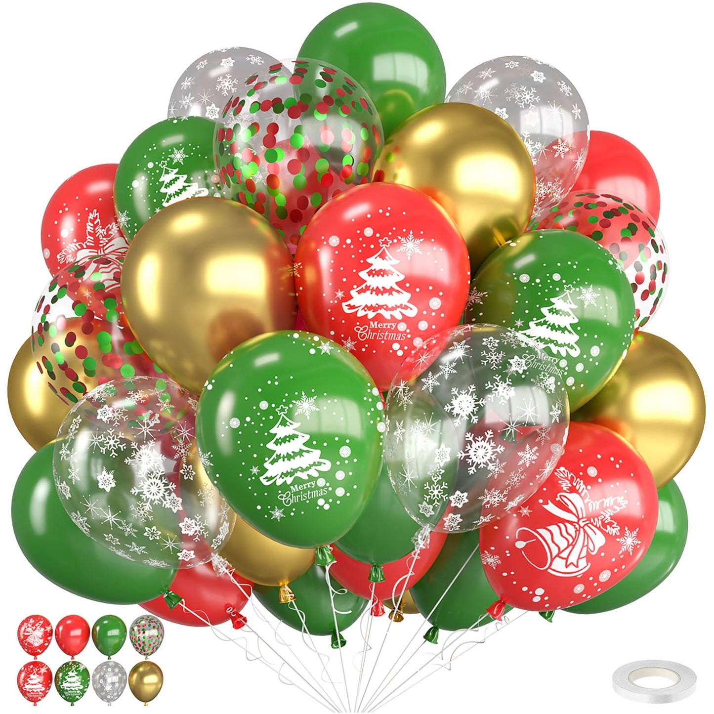 Christmas Balloons,12 Inch Red Green and Gold Christmas Tree Bell Printed Balloon,for Party Xmas Gifts School Classroom Game New Year Baby Shower Birthday Decorations