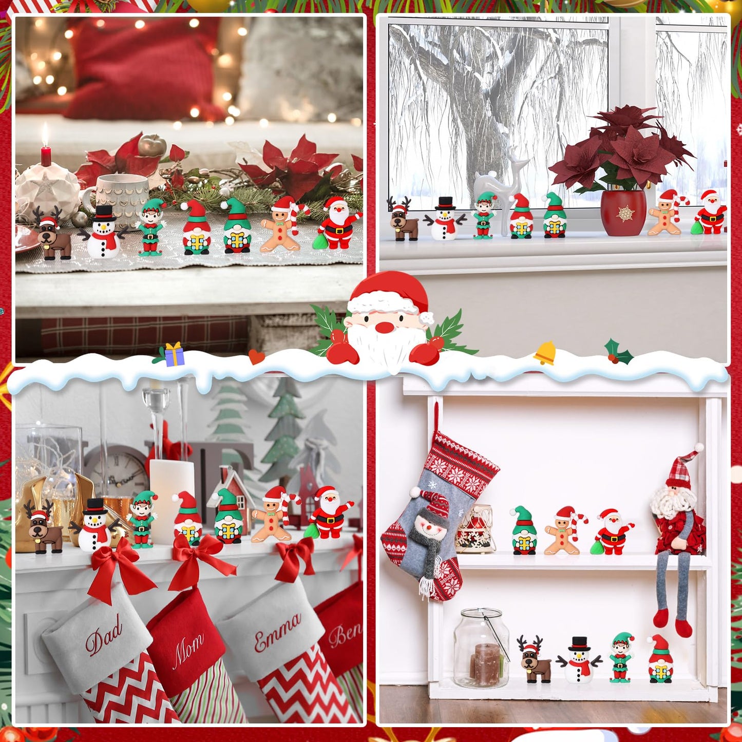 Halloscume 50 Pcs Mini Christmas Figurines Rubber Miniature Snowman Santa Gnome Reindeer Gingerbread Collectible Elf Figurines Ornaments for Home Table Decoration Xmas Holiday Party Supplies Gift