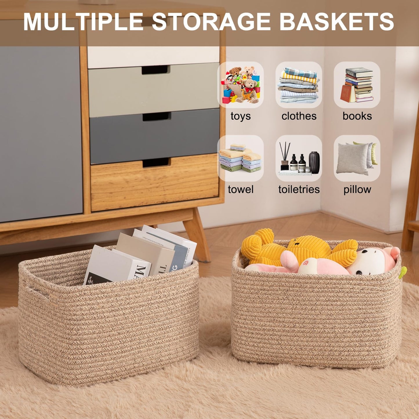 OIASKET Storage Baskets for Organizing, Woven Decorative Baskets for Shelves - Books, Towels, and Clothes, Cotton Rope Toy Storage Bins, 12.7''Lx9''Wx7.8''H, Pack of 4, Brown