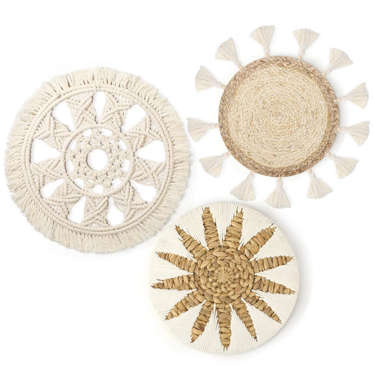 Unittype 3 Pcs Boho Wall Basket Decor, 12 Inch Rattan Wicker Wall Hanging Decoration, Round Handmade Flat Elegant Woven Tapestry Art Basket for Home Bedroom Living Room Kitchen