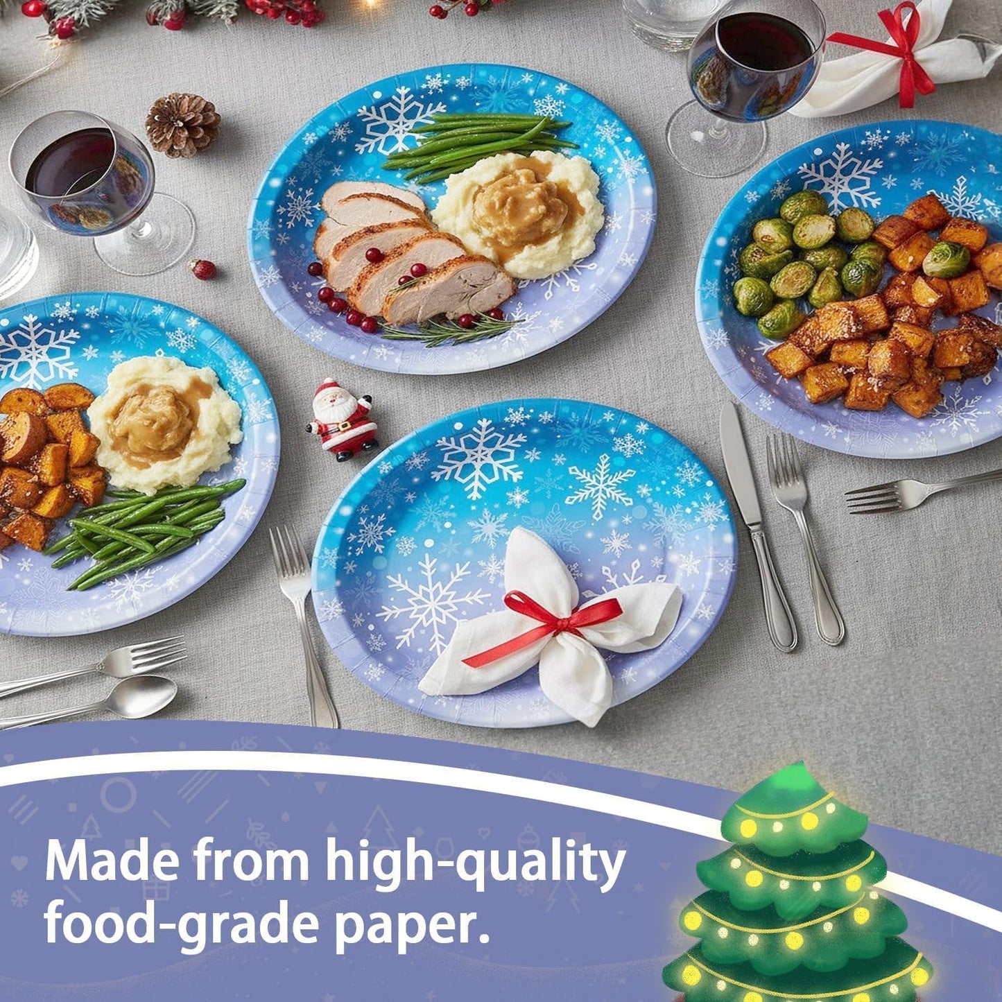 OuMuaMua 50Pcs Large Christmas Paper Plates, 12" Large Purple Blue Snowflake Dinner Plates Heavy Duty Disposable Dinnerware Set for Xmas Winter Wonderland Holiday Party Supplies Kitchen Table Decor