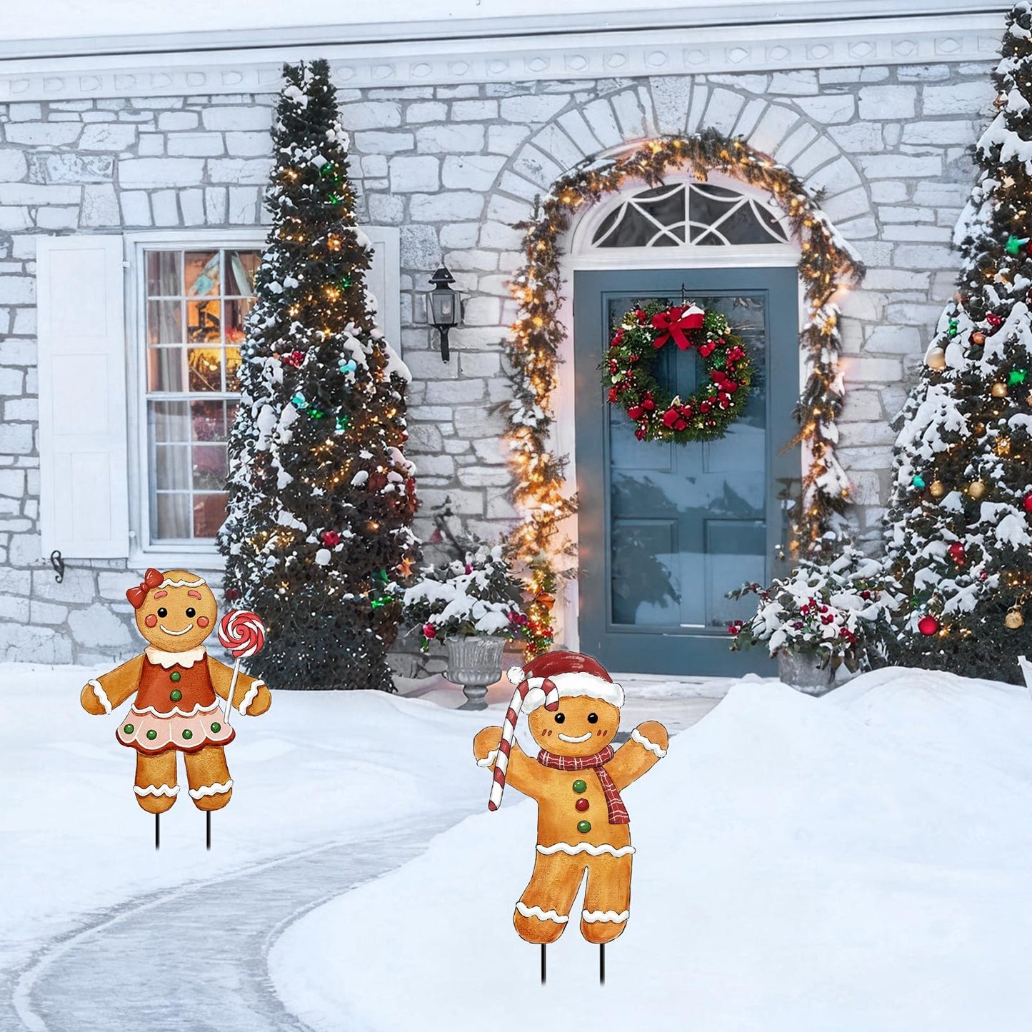 Christmas Decorations Outdoor, 2Pcs Gingerbread Man Metal Yard Signs with Stakes, Xmas Winter Signs for Garden House Lawn Pathway Patio Outside