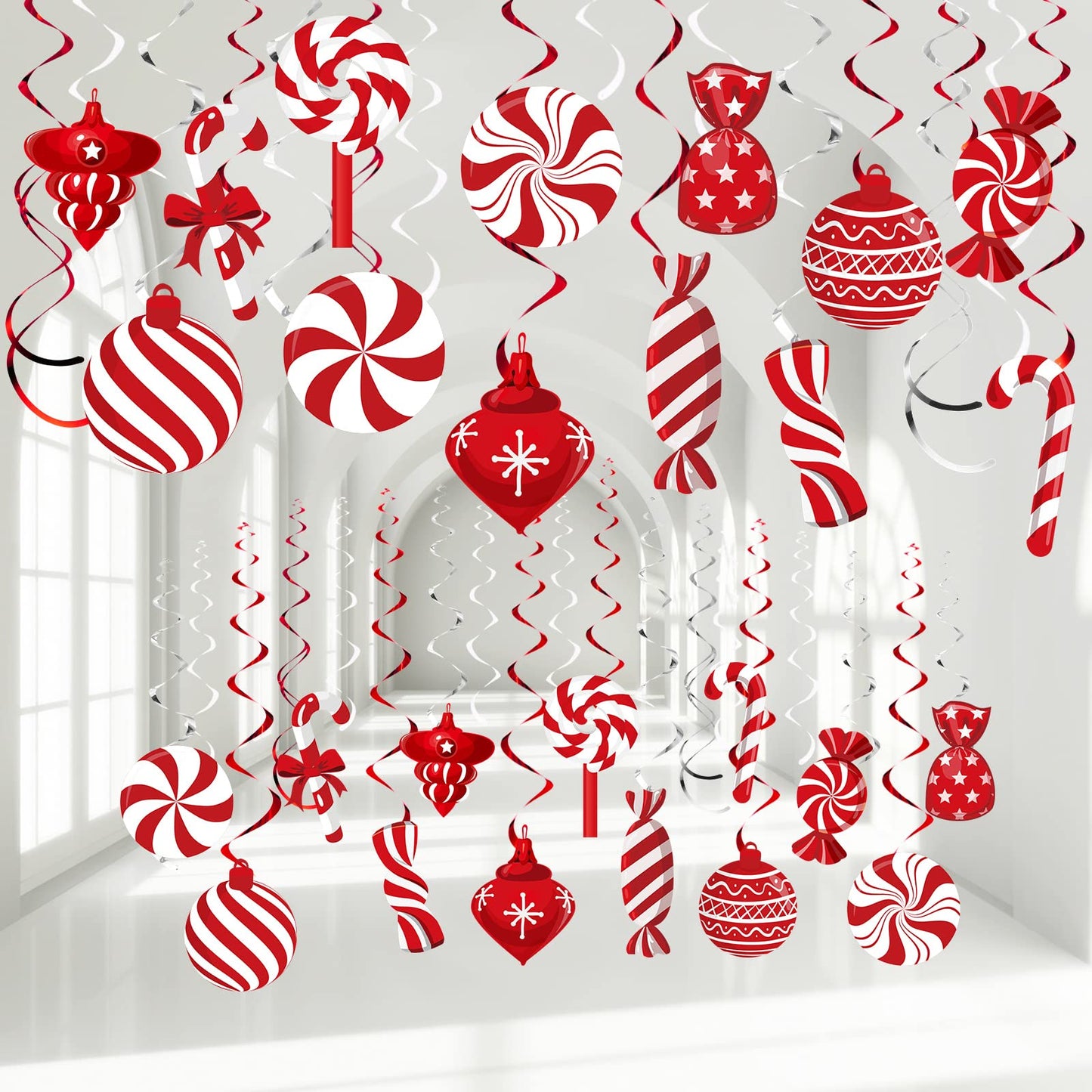 Funrous 56 Pcs Christmas Peppermint Candy Hanging Swirls Decorations Red and White Holiday Party Streamers for Home Winter Holiday Christmas Party Decor(Red White)