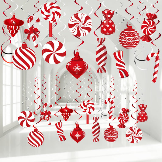 Funrous 56 Pcs Christmas Peppermint Candy Hanging Swirls Decorations Red and White Holiday Party Streamers for Home Winter Holiday Christmas Party Decor(Red White)
