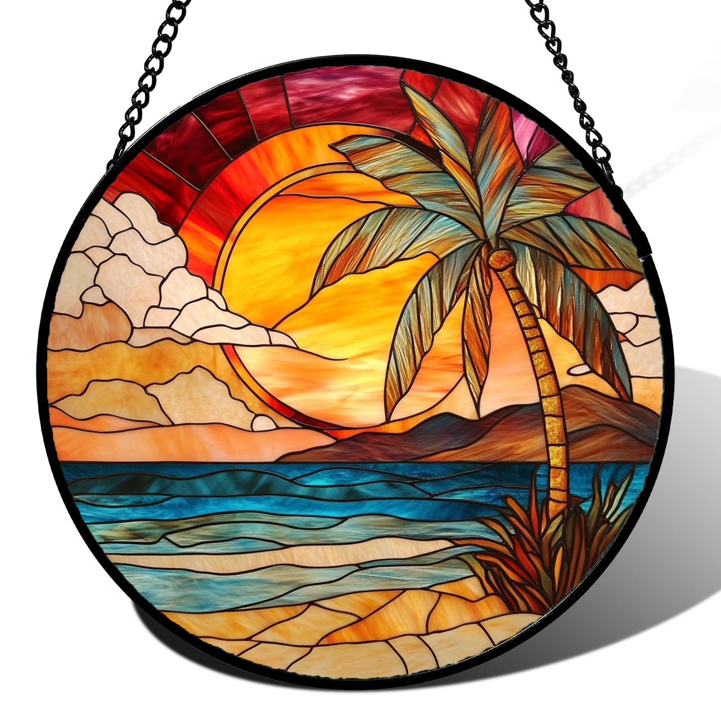 CHATYOUNG Stained Glass Window Hanging Sunrise Over A Blue Ocean Landscape 7.8" - Suncatcher Door Garden Home Decor Birthday Christmas for Men Woman Mom Nana Grandma Girl Dad