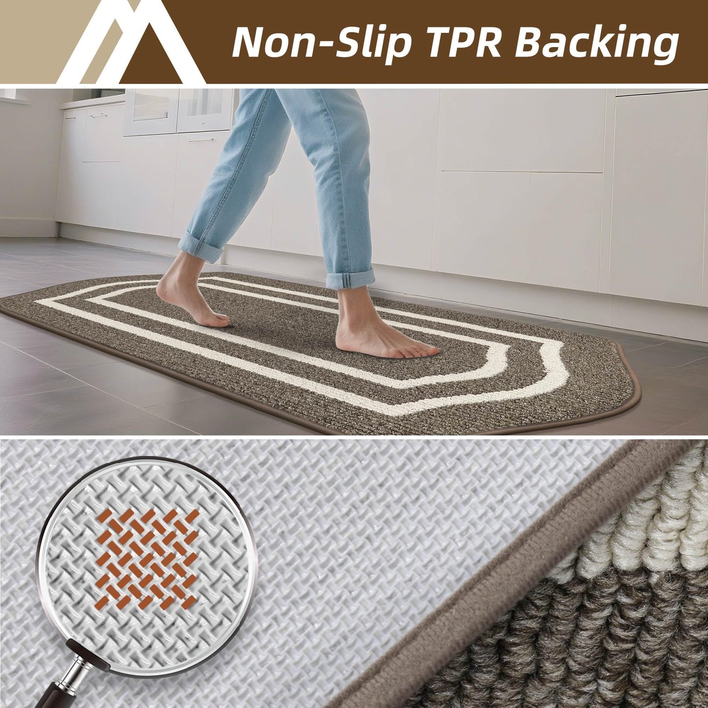 COSY HOMEER Long Kitchen Floor Mats for in Front of Sink Super Absorbent Kitchen Rugs and Mats 24"x48" Non-Skid Kitchen Mat Standing Mat Washable,Polypropylene,Brown,Frame