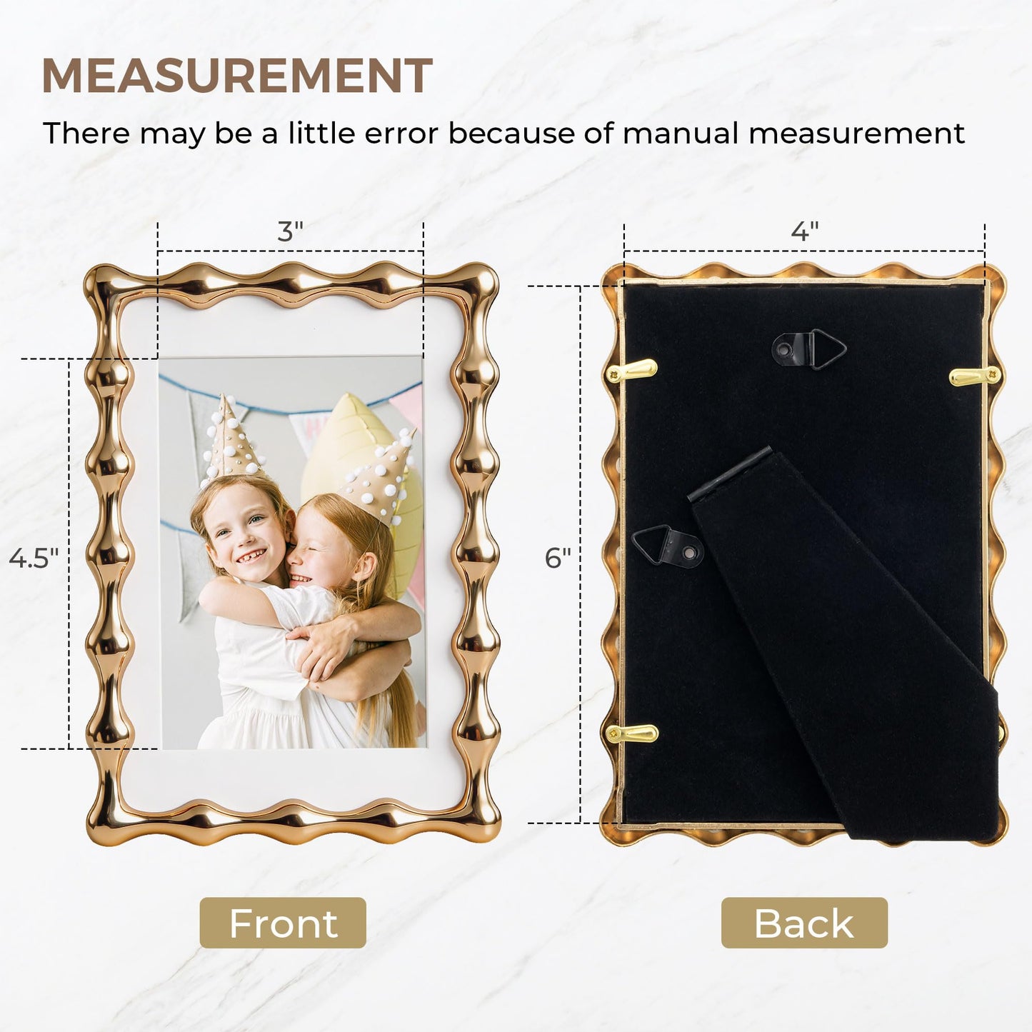 RICHFOCUS 4x6 Gold Picture Frame, Modern Zinc Alloy Photo Frame with Water Droplet Design, Mat for 3x5 Photo, Heavy Duty Metal Frame with Tempered Glass & Velvet Back for Tabletop & Wall Decor