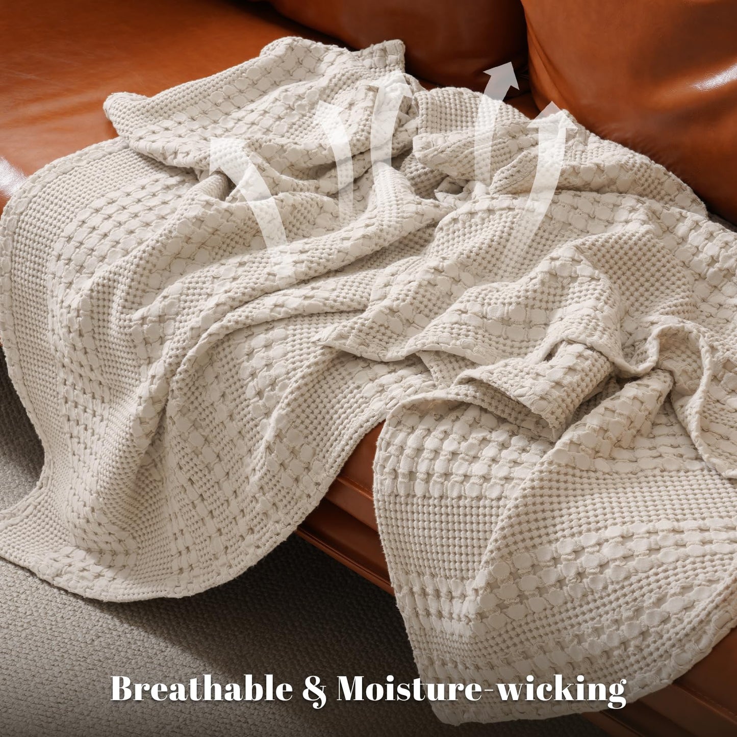 PHF 100% Cotton Waffle Weave Throw Blanket, Soft Lightweight Breathable Cozy Throws for Couch Bed Sofa, Luxury Aesthetic Blanket Gift for Home Decor & Office, 50"x60", Light Taupe/Oatmeal
