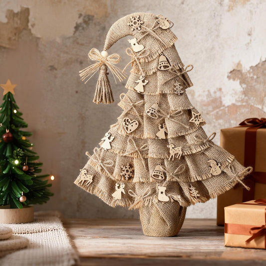 Civaner Boho Christmas Tree Tabletop Decor 16 Inch Mini Christmas Tree Burlap Jute Xmas Table Decoration with Santa Hat Bow Snowflake Bell Deer Design for Xmas Holiday Farmhouse Home Kitchen