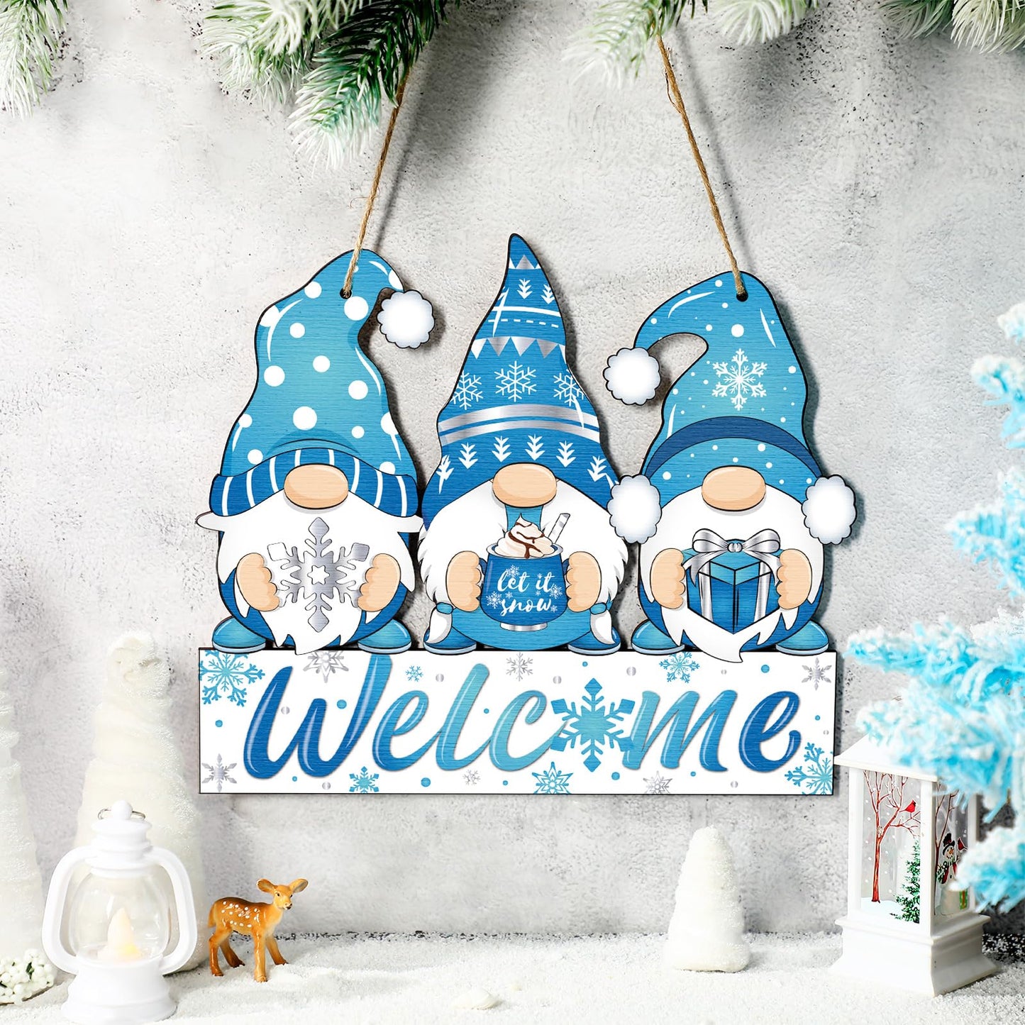 Panelee Winter Welcome Door Sign Gnome Hanging Decoration Let It Snow Wooden Gnome Sign Blue Snowflake Door Hanger with Rope Hanging Decoration for Front Porch Home Winter