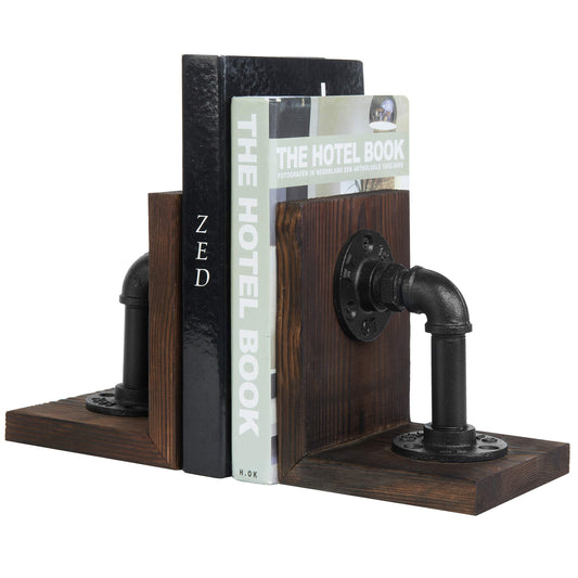 MyGift Book Ends Decorative, Bookends for Shelves, Metal Bookends for Heavy Books, Office Decor for Men, Wood Book Stopper, Realistic Industrial Pipe Design, Dark Brown