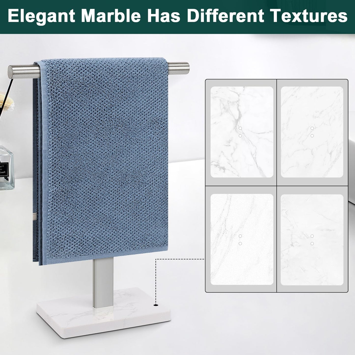 BathAce Hand Towel Holder, T-Shape Hand Towel Stand for Bathroom, Hand Towel Rack Bar Standing for Vanity Kitchen Countertop, 304 Stainless Steel (Marble Base, Brushed)