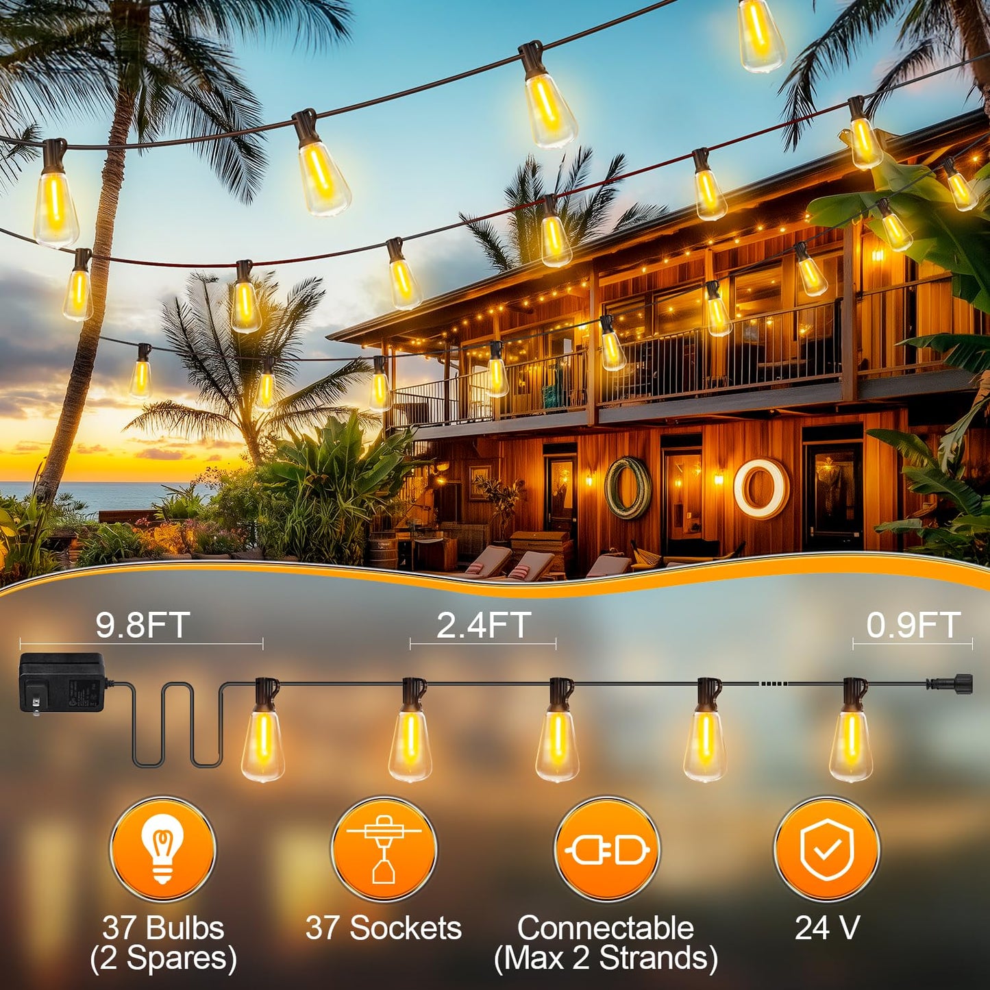 Outdoor Lights String Patio Outside - 100ft 30M LED Waterproof Light - Hanging Lighting ST38 Shatterproof Edison Bulb Deck Backyard Gazebo Balcony Party Bistro Cafe Pergola Garden Yard Porch Dimmable