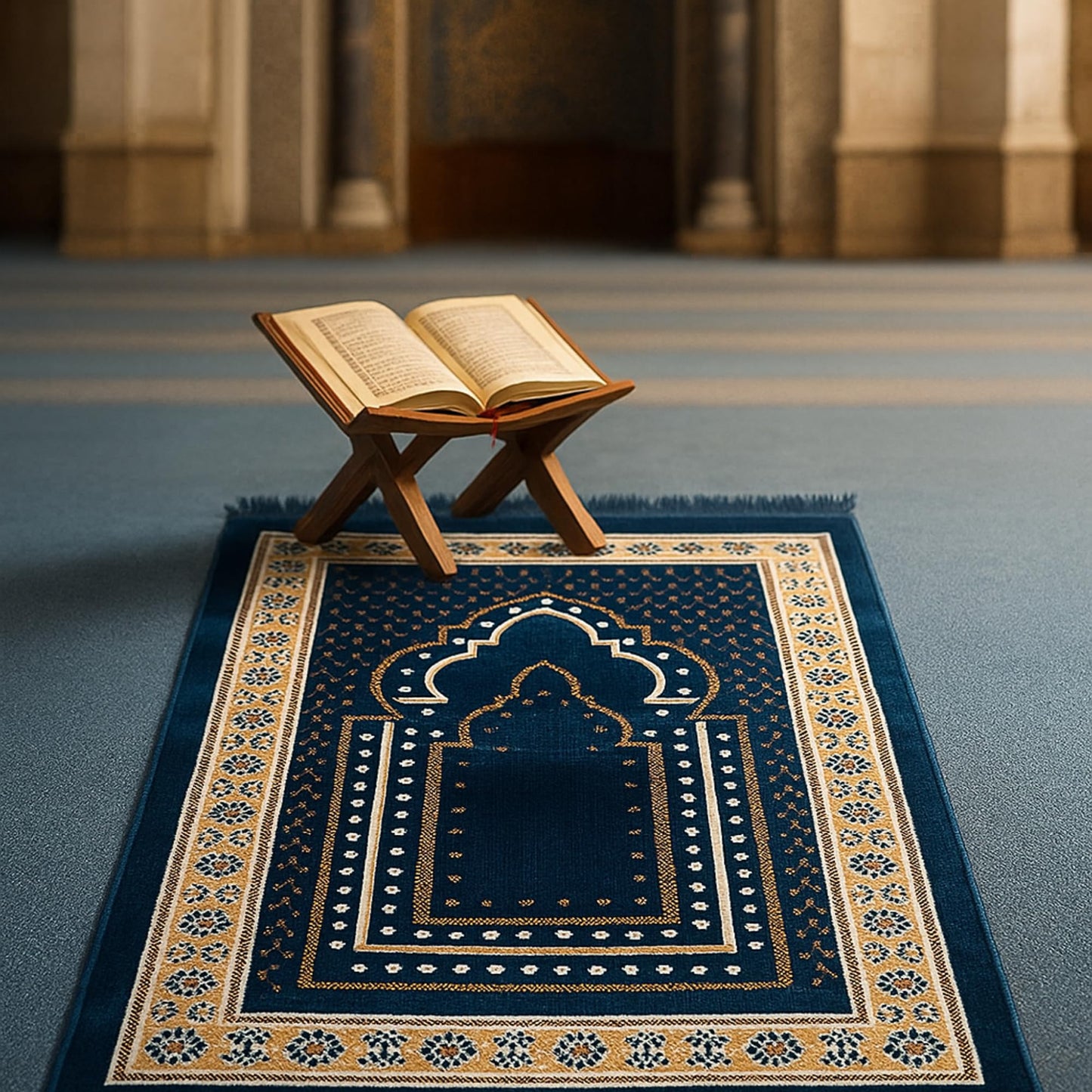 Prayer Mat Rug for Muslim Men, Women or Kids, Portable Praying Mat and Prayer Beads Sets for Islamic Gifts – Muslim Prayer Rug For Ramadan, Umrah, Hajj - Turkish Rug for Meditation and Worship (BLUE)