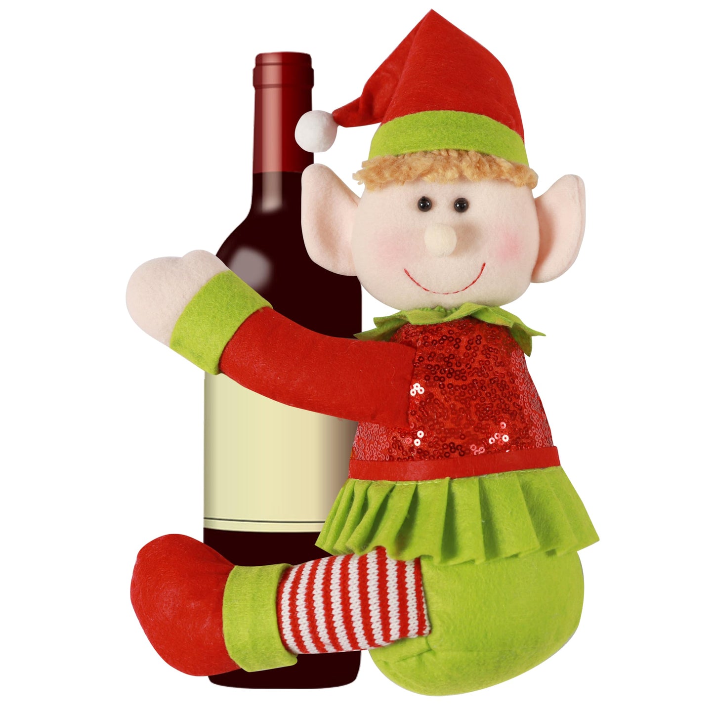 Elf Tree Topper Christmas Decorations,Unique Funny Xmas Plush Stuffed Elf Hugger Decor for Christmas Tree Wine Bottle Curtain Ornaments,Red Green