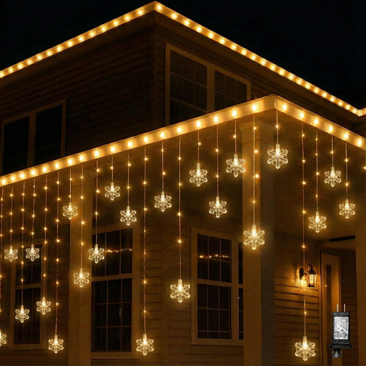 FESTIA Snowflake Curtain Icicle Christmas Lights -180 LED Warm White (≈3000K), 26.4ft Icicle Mini Lights, IP44 Waterproof,8 Modes Memory Function, Connectable Outdoor & Indoor Christmas Decorations