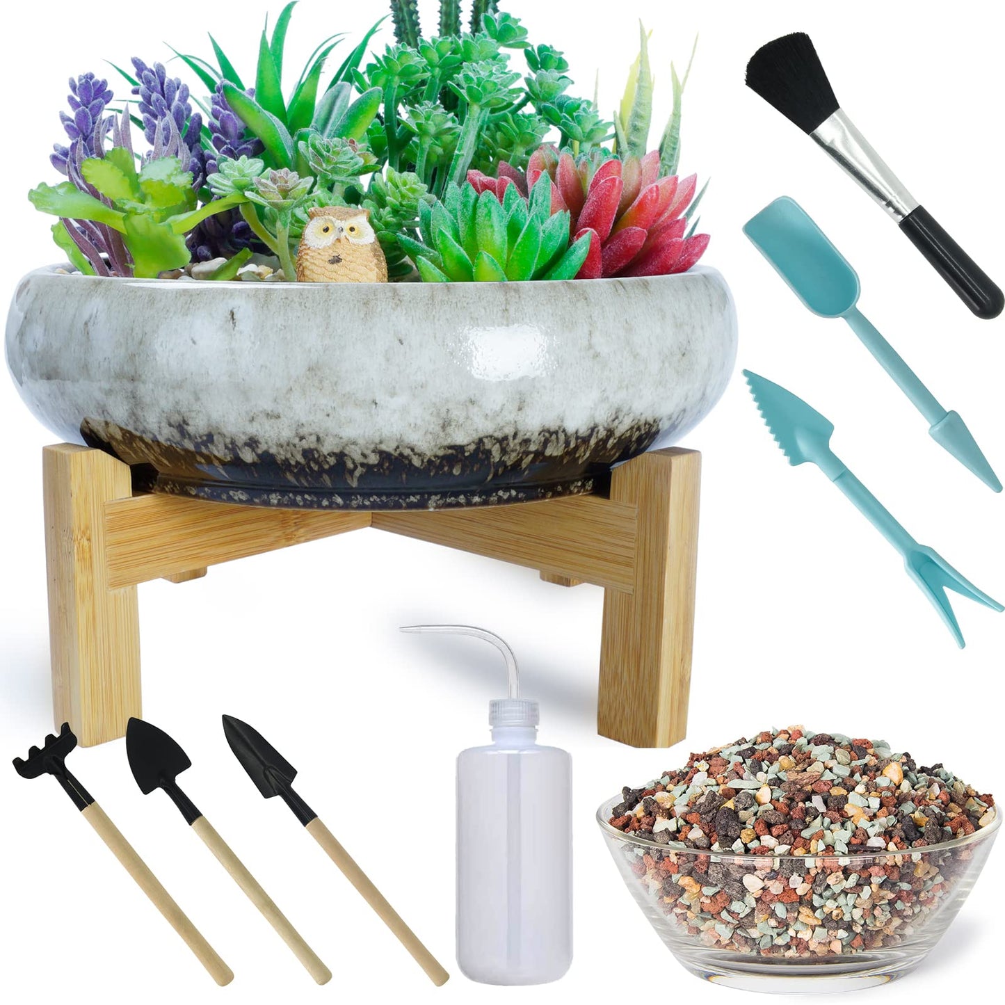 ARTKETTY Succulent Pots with Drainage - Large Succulent Planters with 2.2lb Mix Horticultural Lava Rock Pebbles, Planting Tools Set for Beginner- Shallow Bonsai Pot Ceramic Cactus Flower Plant Pot