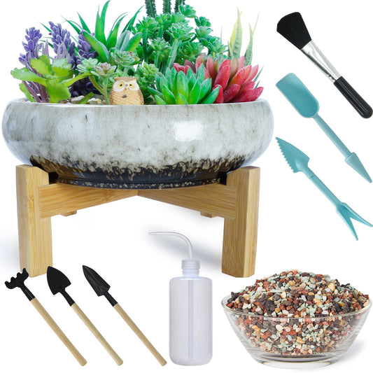 ARTKETTY Succulent Pots with Drainage - Large Succulent Planters with 2.2lb Mix Horticultural Lava Rock Pebbles, Planting Tools Set for Beginner- Shallow Bonsai Pot Ceramic Cactus Flower Plant Pot