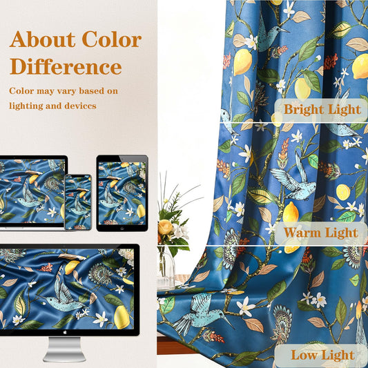 FRAMICS 100% Blackout Curtains for Bedroom Vintage Floral Curtains for Living Room 84 Inches Long, Luxury Patterned Blue Curtain Lemon Hummingbird Grommet Thermal Insulated Drapes, 2 Panels